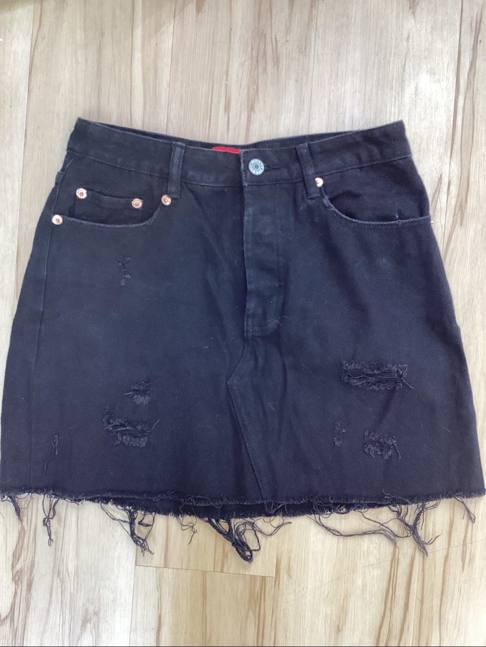 Women Medium Black Distressed Denim Mini Skirt Grunge Streetwear Witchy Festival